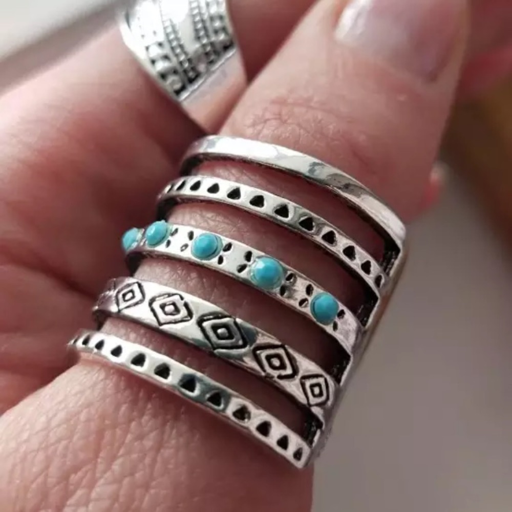 🌈LAST ONE🌈 Sz 7 Boho Silver Geometric Pattern Antique Thumb Finger Ring - Picture 6 of 11